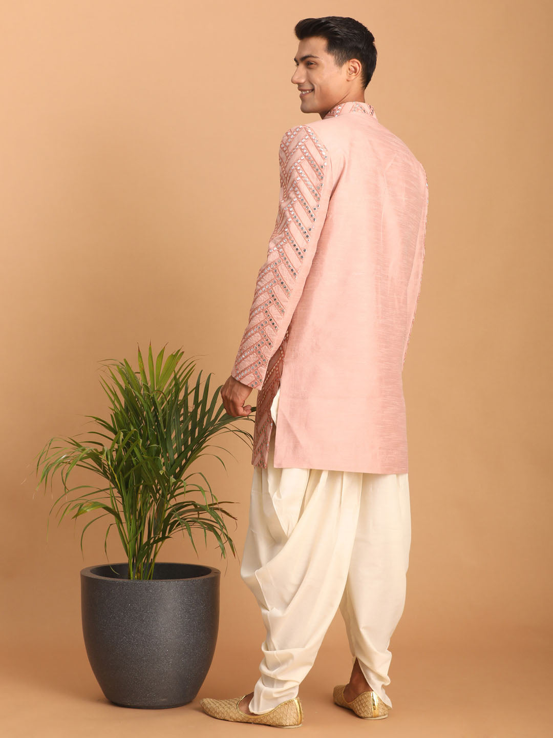 Men's Pink Silk Blend Straight Sherwani Set