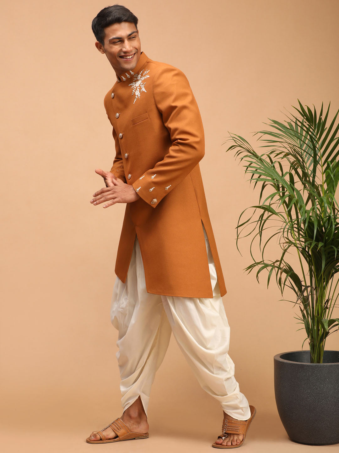 Men's Mustard Silk Blend Straight Sherwani Set