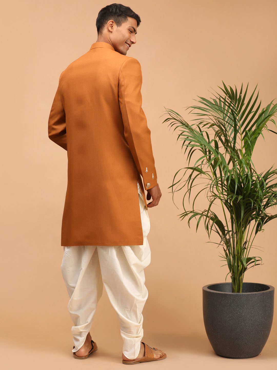 Men's Mustard Silk Blend Straight Sherwani Set