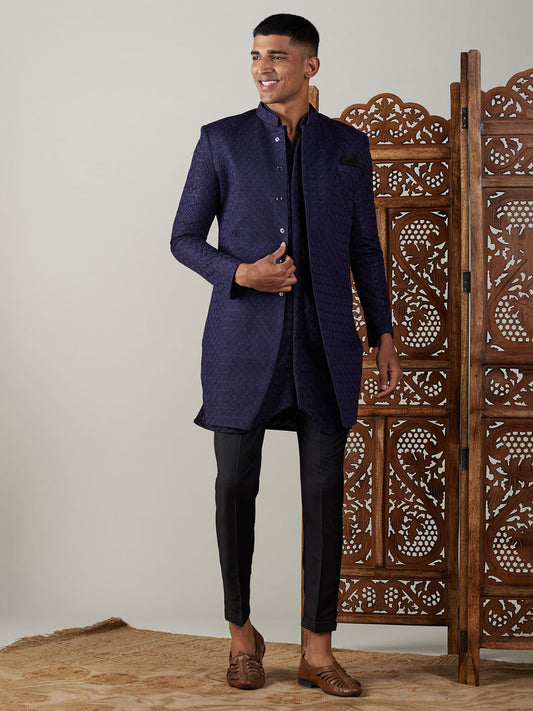 Men's Navy Blue Silk Blend Regular Sherwani Set