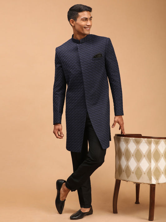 Men's Navy Blue Silk Blend Regular Sherwani Set