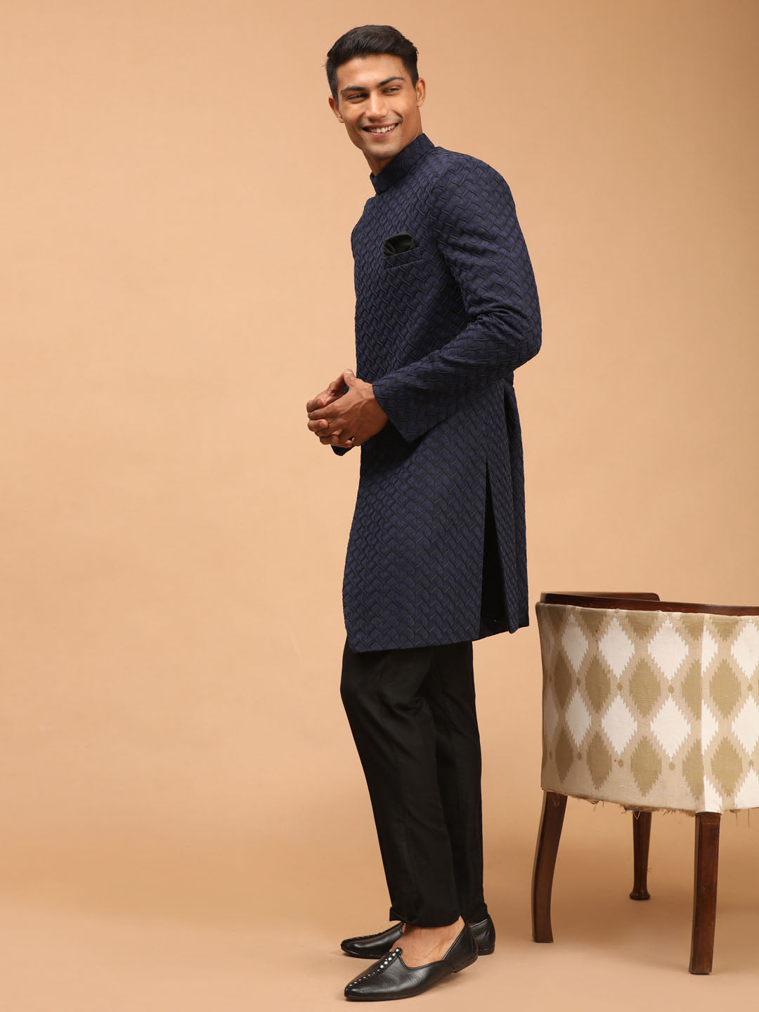 Men's Navy Blue Silk Blend Regular Sherwani Set