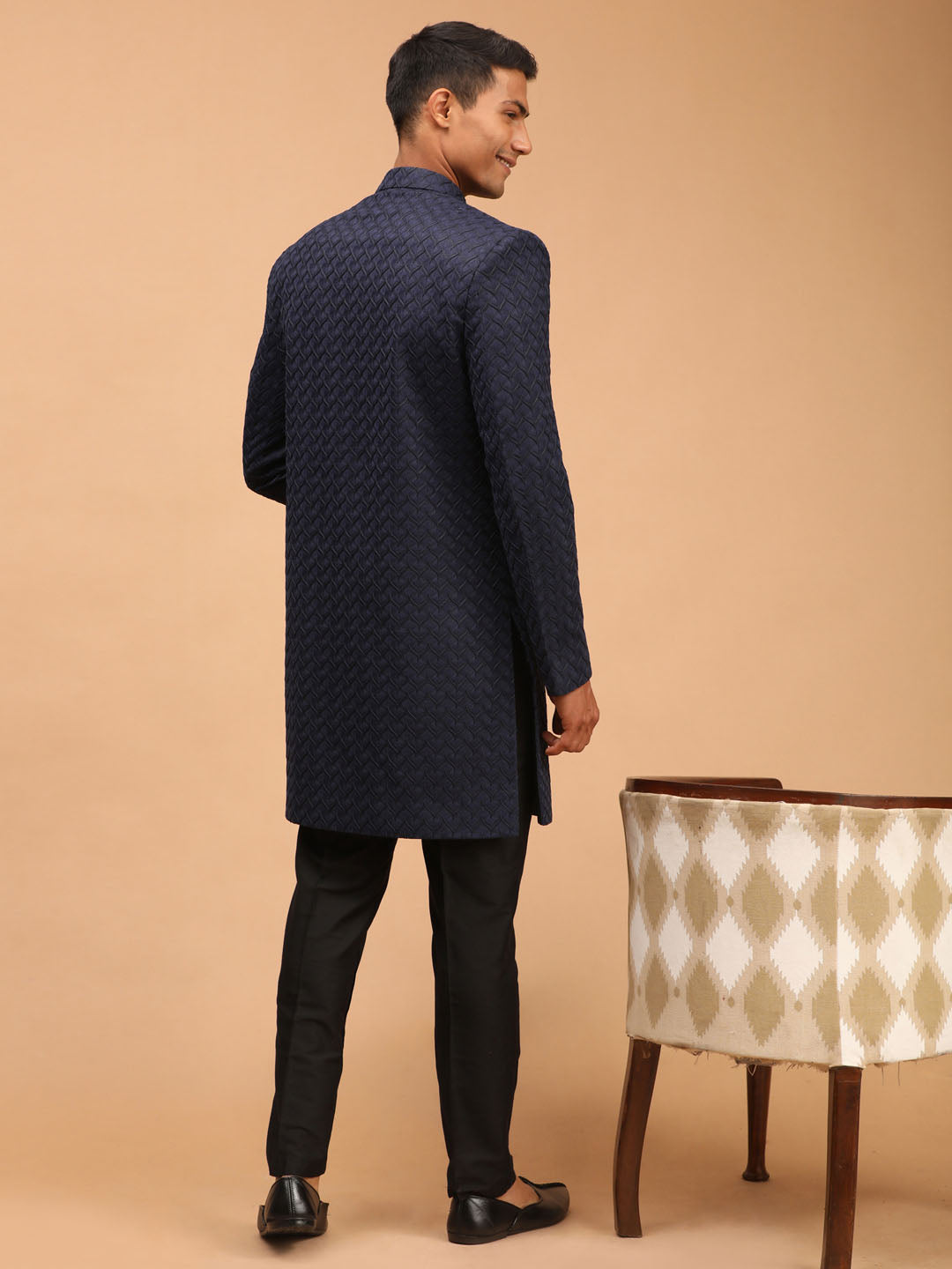 Men's Navy Blue Silk Blend Regular Sherwani Set