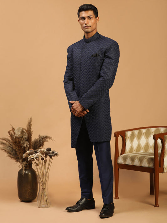 Men's Navy Blue Silk Blend Regular Sherwani Set