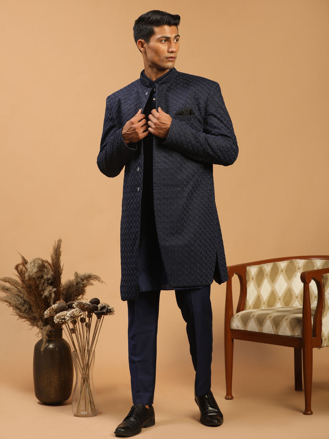 Men's Navy Blue Viscose Regular Sherwani Set