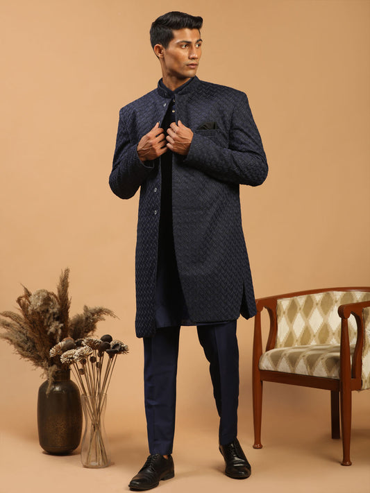 Men's Navy Blue Viscose Regular Sherwani Set