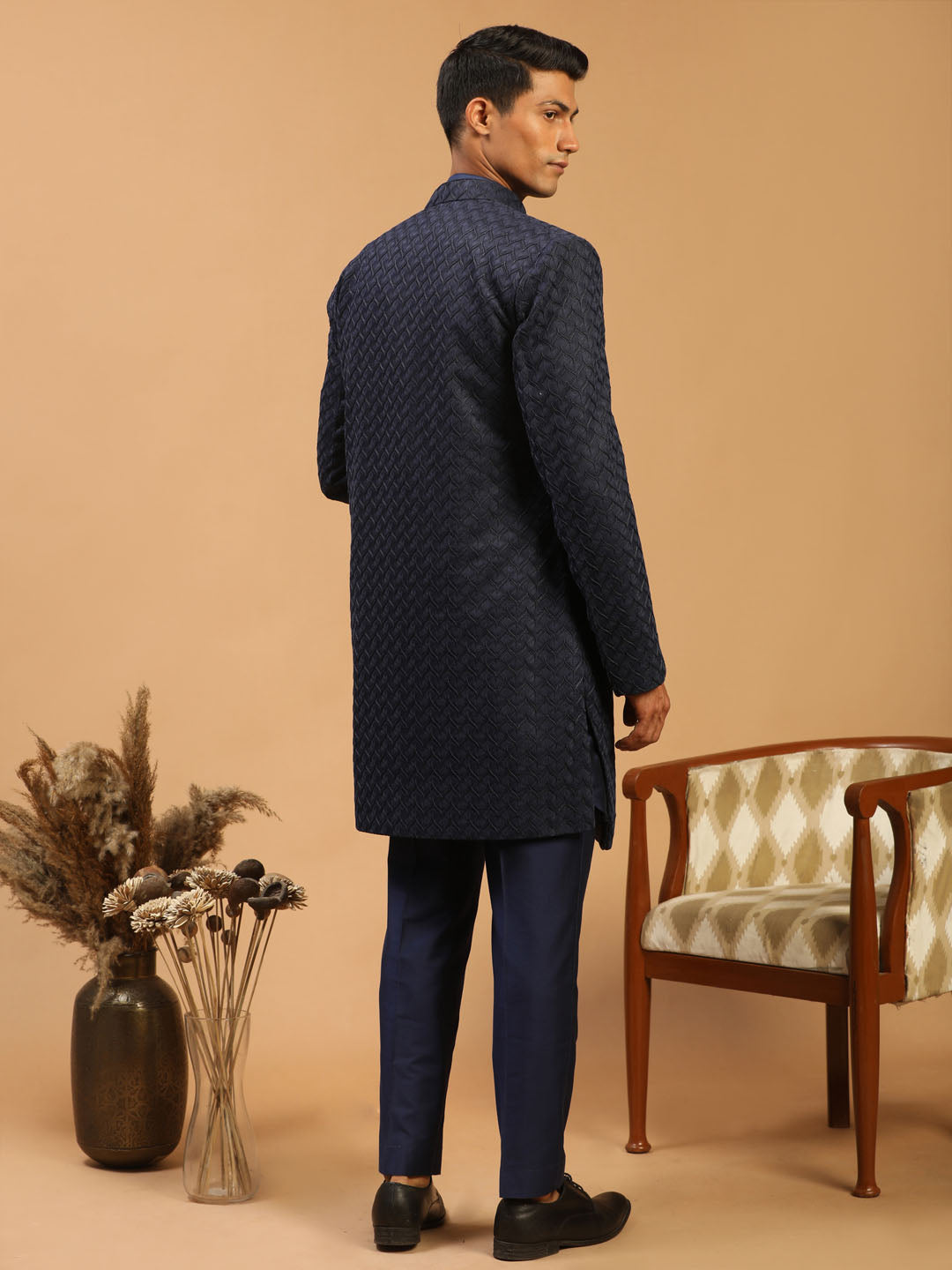 Men's Navy Blue Viscose Regular Sherwani Set