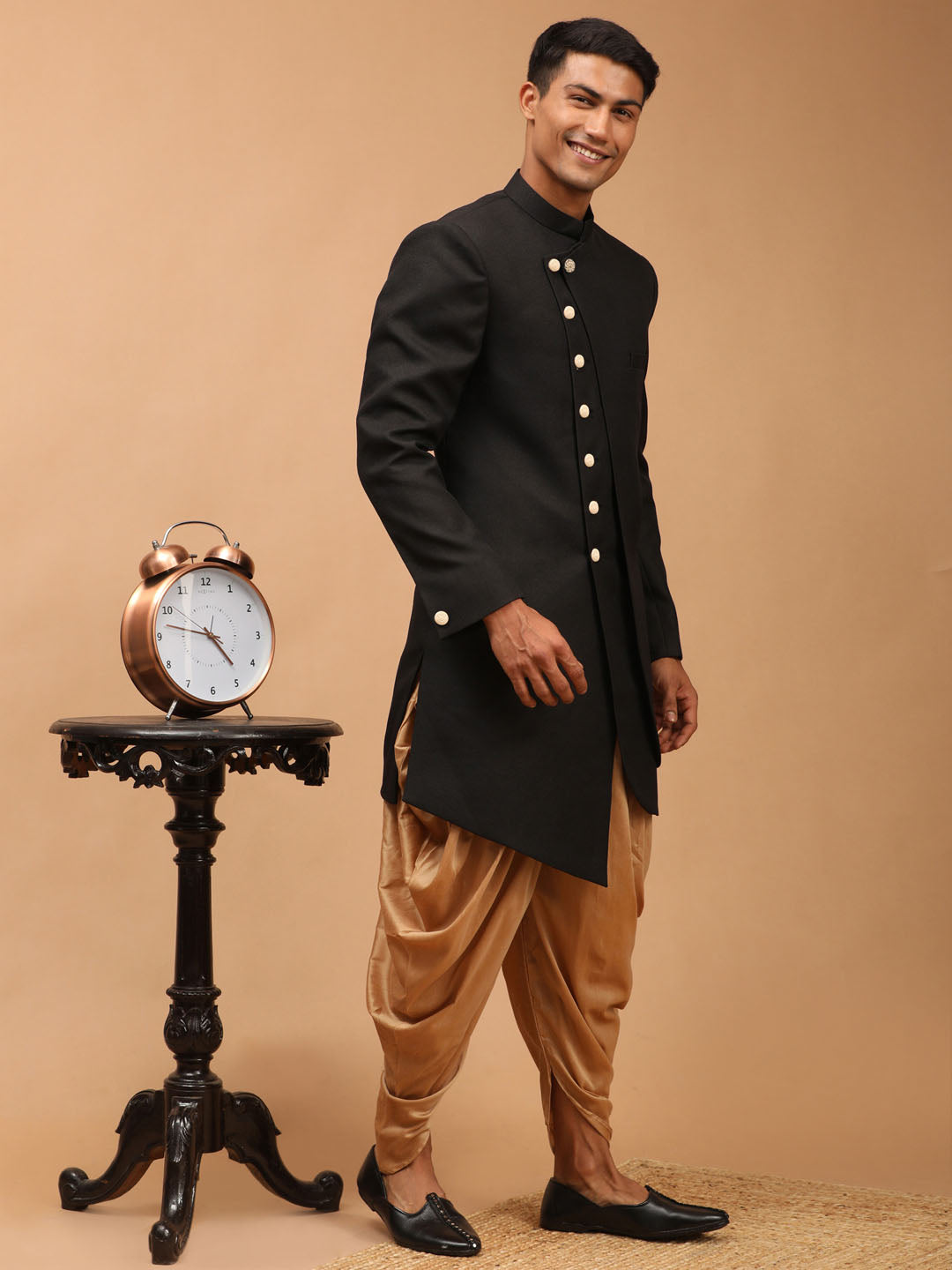 Men's Black Cotton Blend Straight Sherwani Set