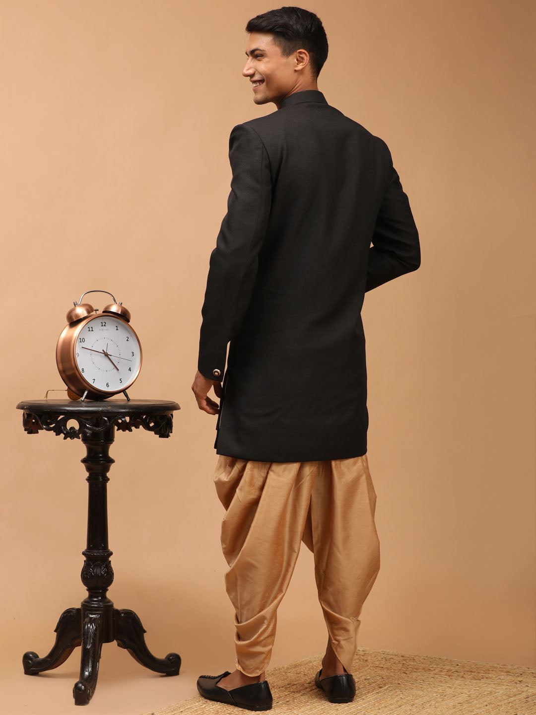 Men's Black Cotton Blend Straight Sherwani Set