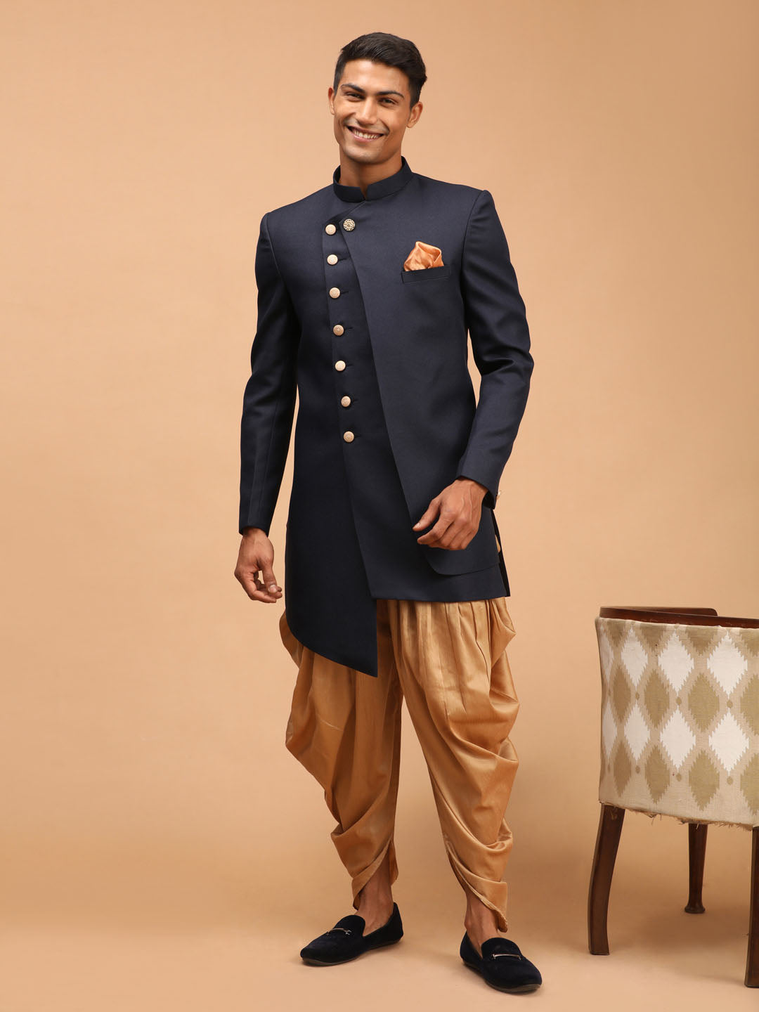 Men's Navy Blue Cotton Blend Straight Sherwani Set
