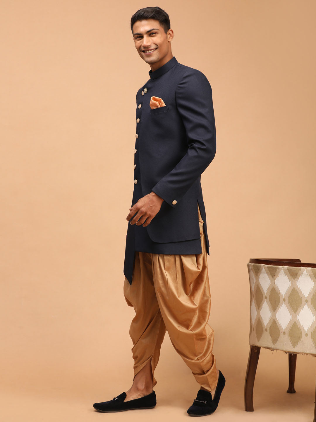 Men's Navy Blue Cotton Blend Straight Sherwani Set