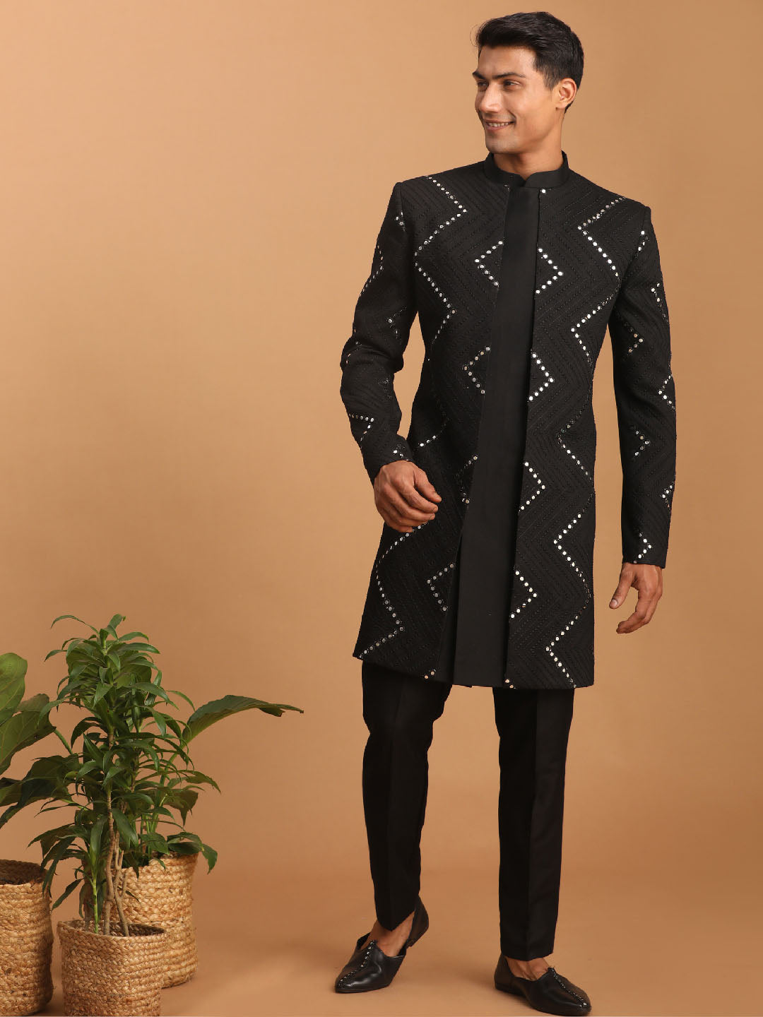 Men's Black Viscose Straight Sherwani Set