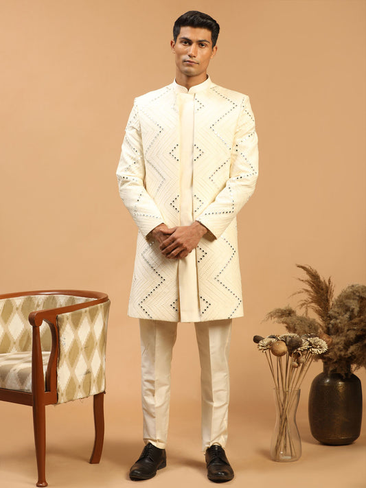 Men's Cream Viscose Straight Sherwani Set