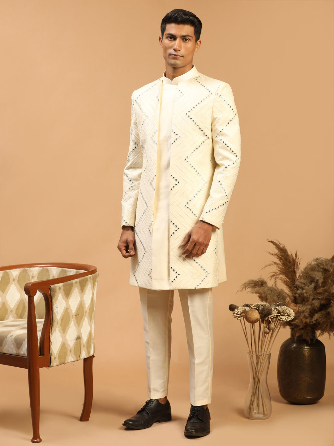 Men's Cream Viscose Straight Sherwani Set