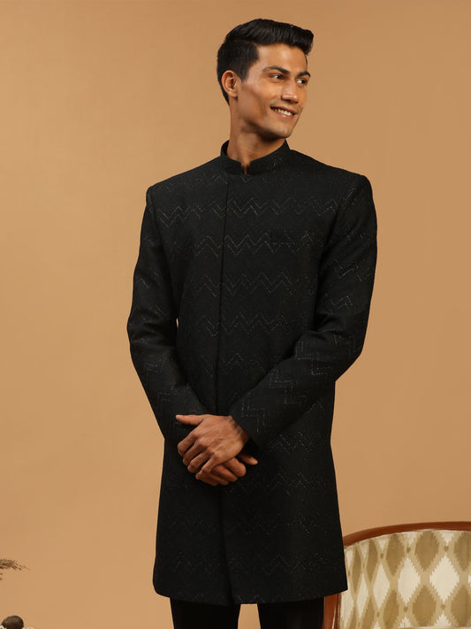 Men's Black Silk Blend Regular Sherwani Only Top