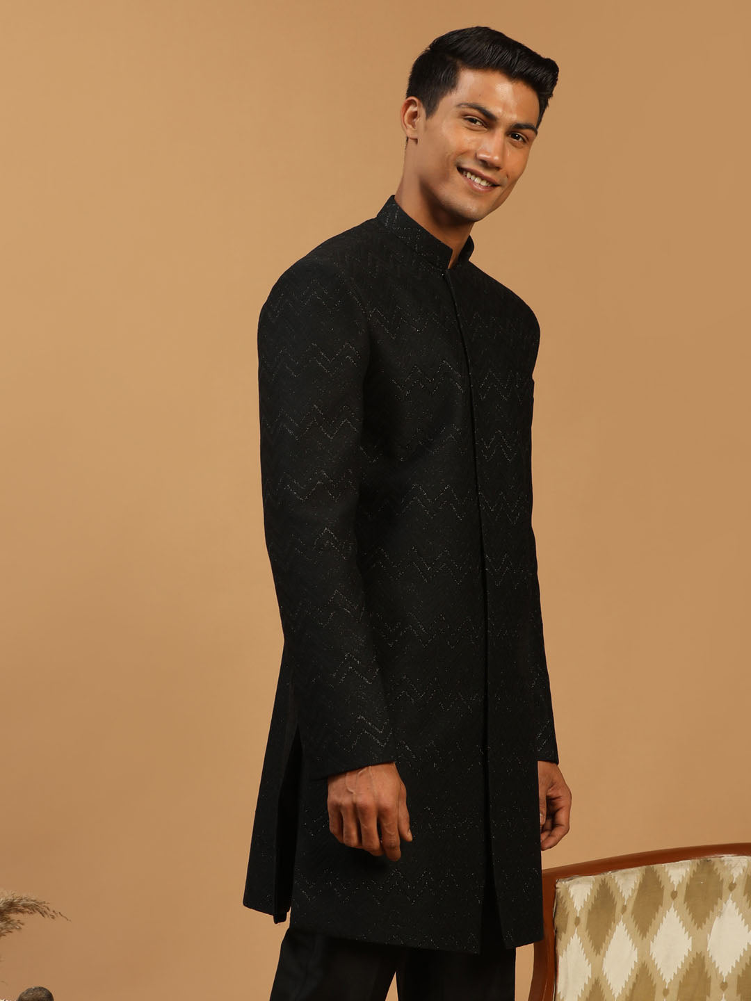 Men's Black Silk Blend Regular Sherwani Only Top