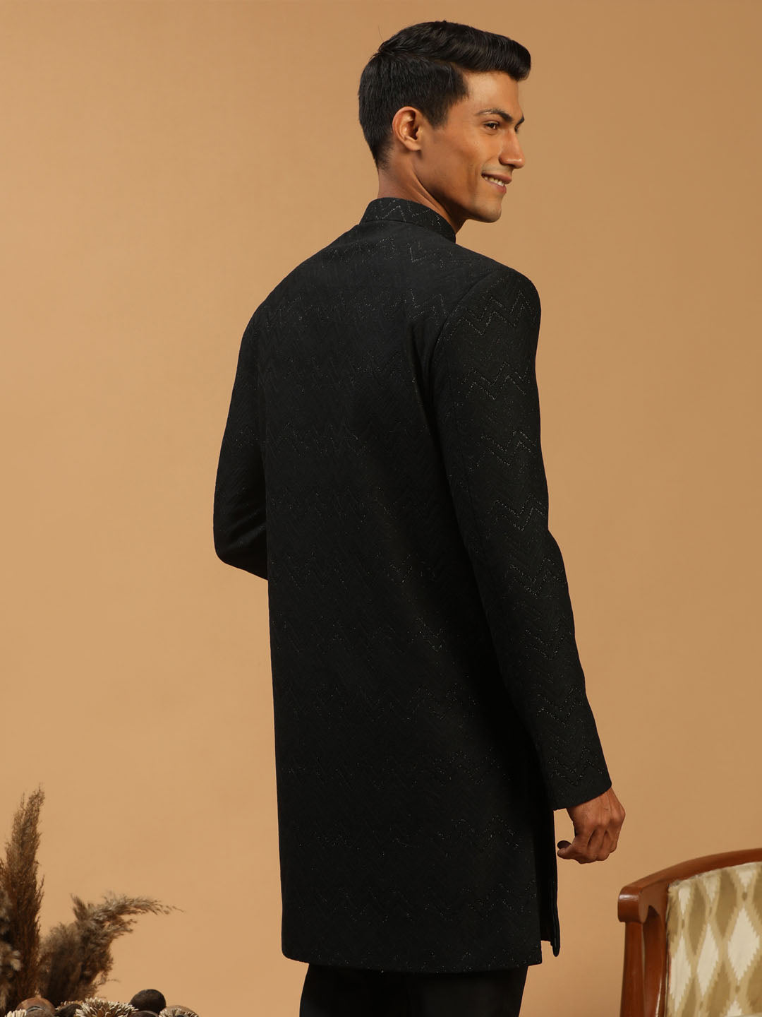 Men's Black Silk Blend Regular Sherwani Only Top