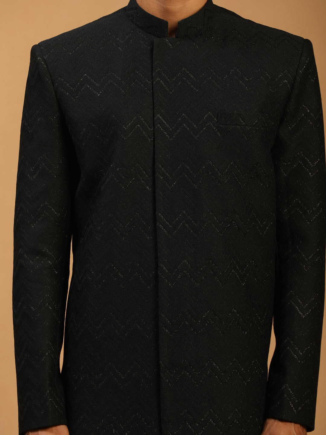 Men's Black Silk Blend Regular Sherwani Only Top
