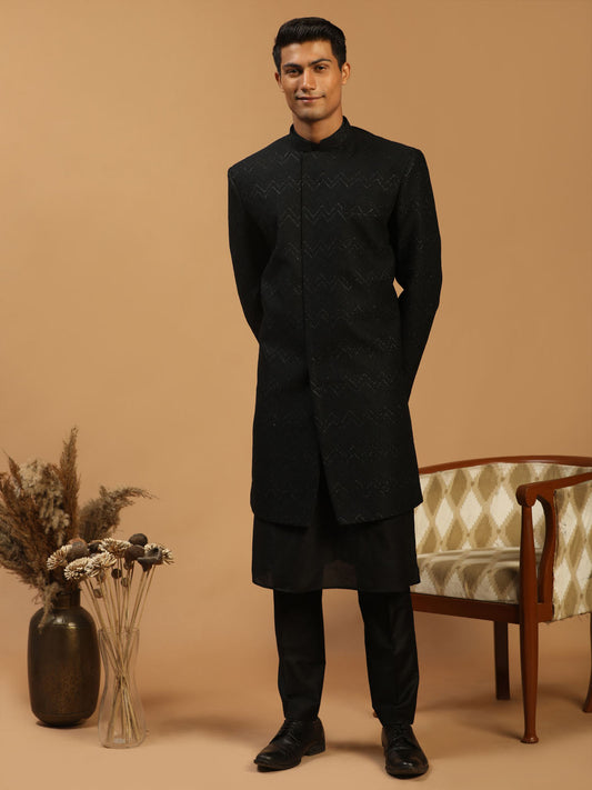 Men's Black Viscose Regular Sherwani Set
