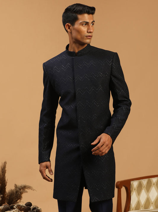 Men's Navy Blue Silk Blend Regular Sherwani Only Top