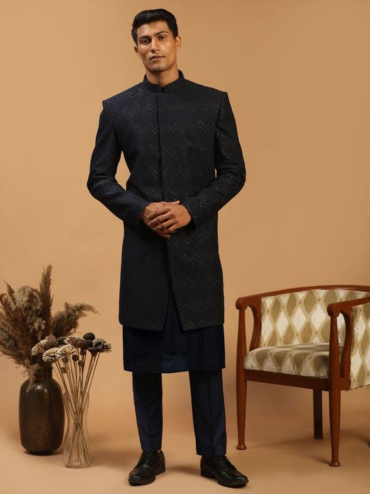 Men's Navy Blue Viscose Regular Sherwani Set