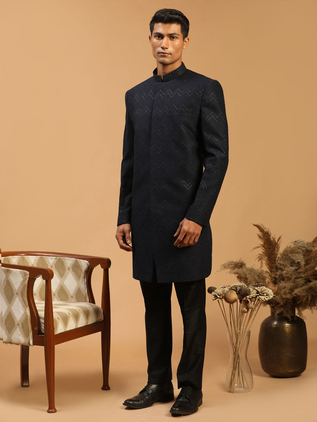 Men's Navy Blue Silk Blend Regular Sherwani Set