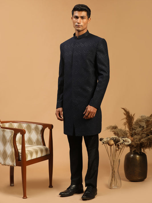 Men's Navy Blue Silk Blend Regular Sherwani Set