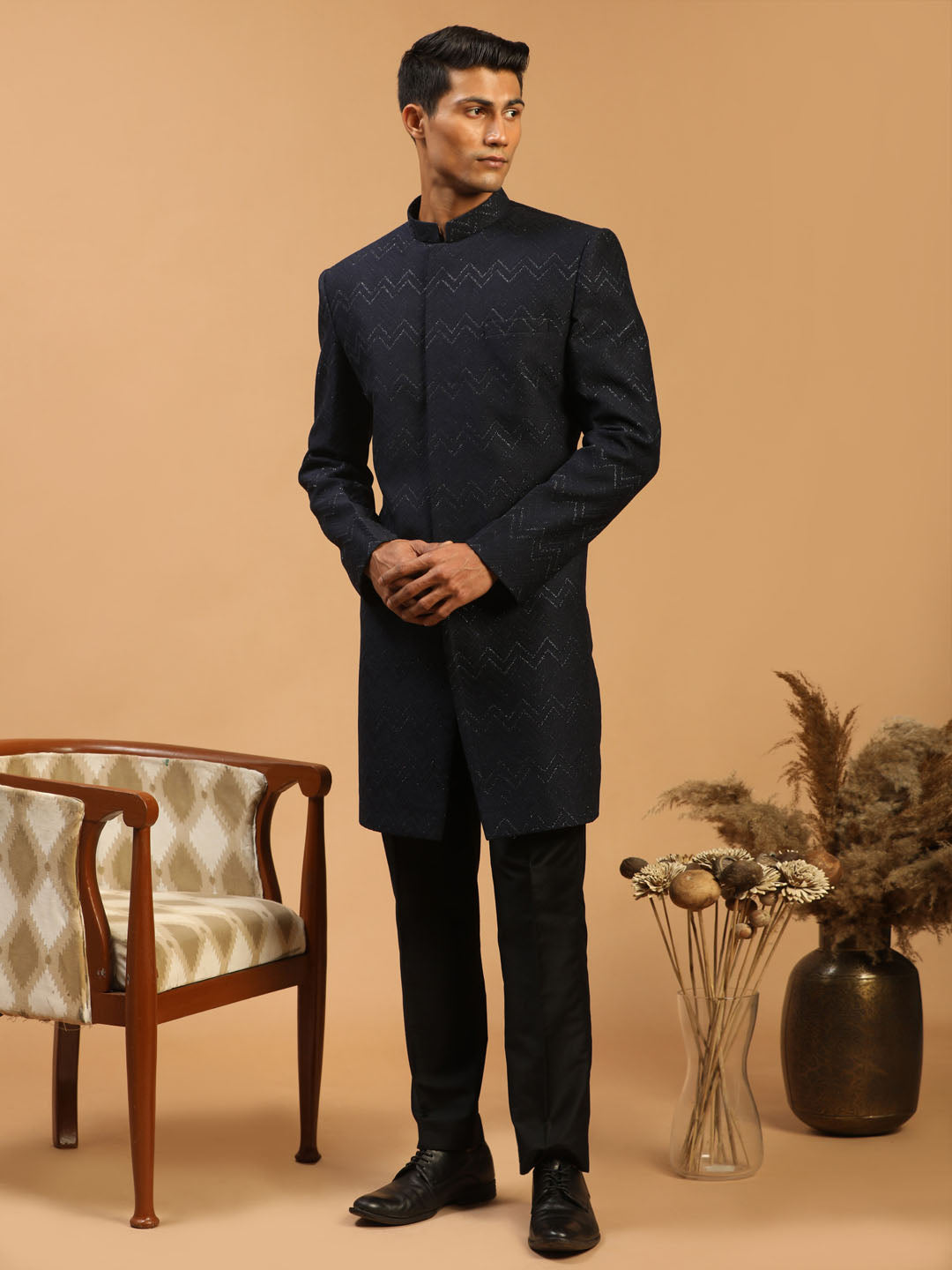 Men's Navy Blue Silk Blend Regular Sherwani Set
