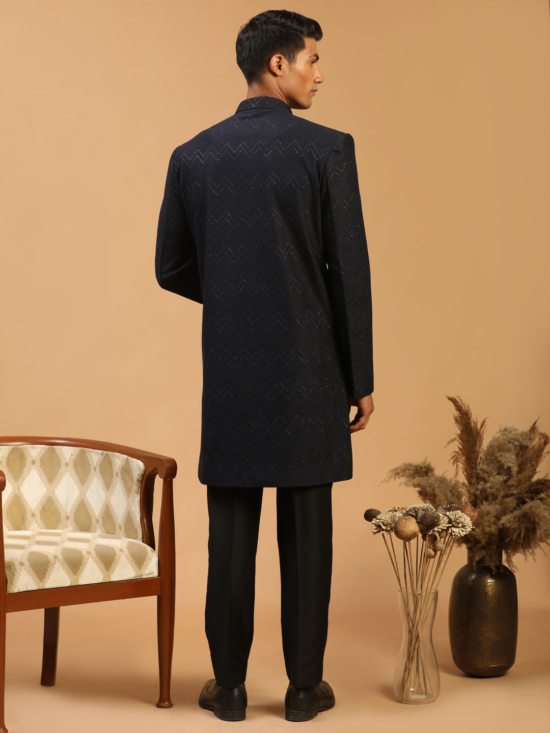 Men's Navy Blue Silk Blend Regular Sherwani Set