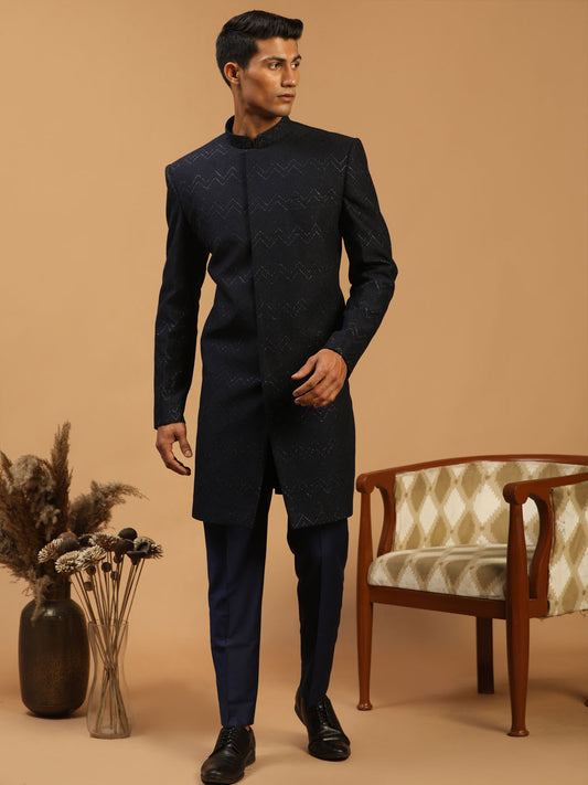 Men's Navy Blue Silk Blend Regular Sherwani Set