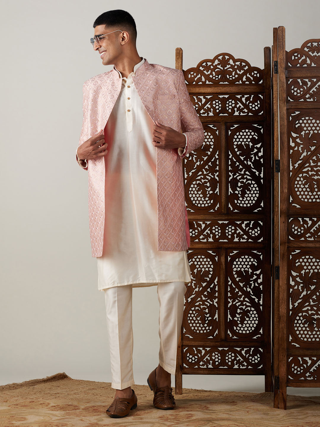 Men's Cream Viscose Straight Sherwani Set