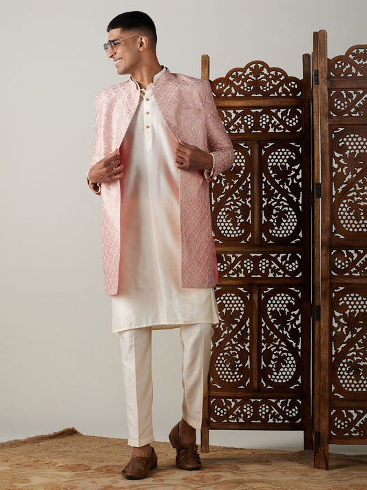 Men's Cream Viscose Straight Sherwani Set