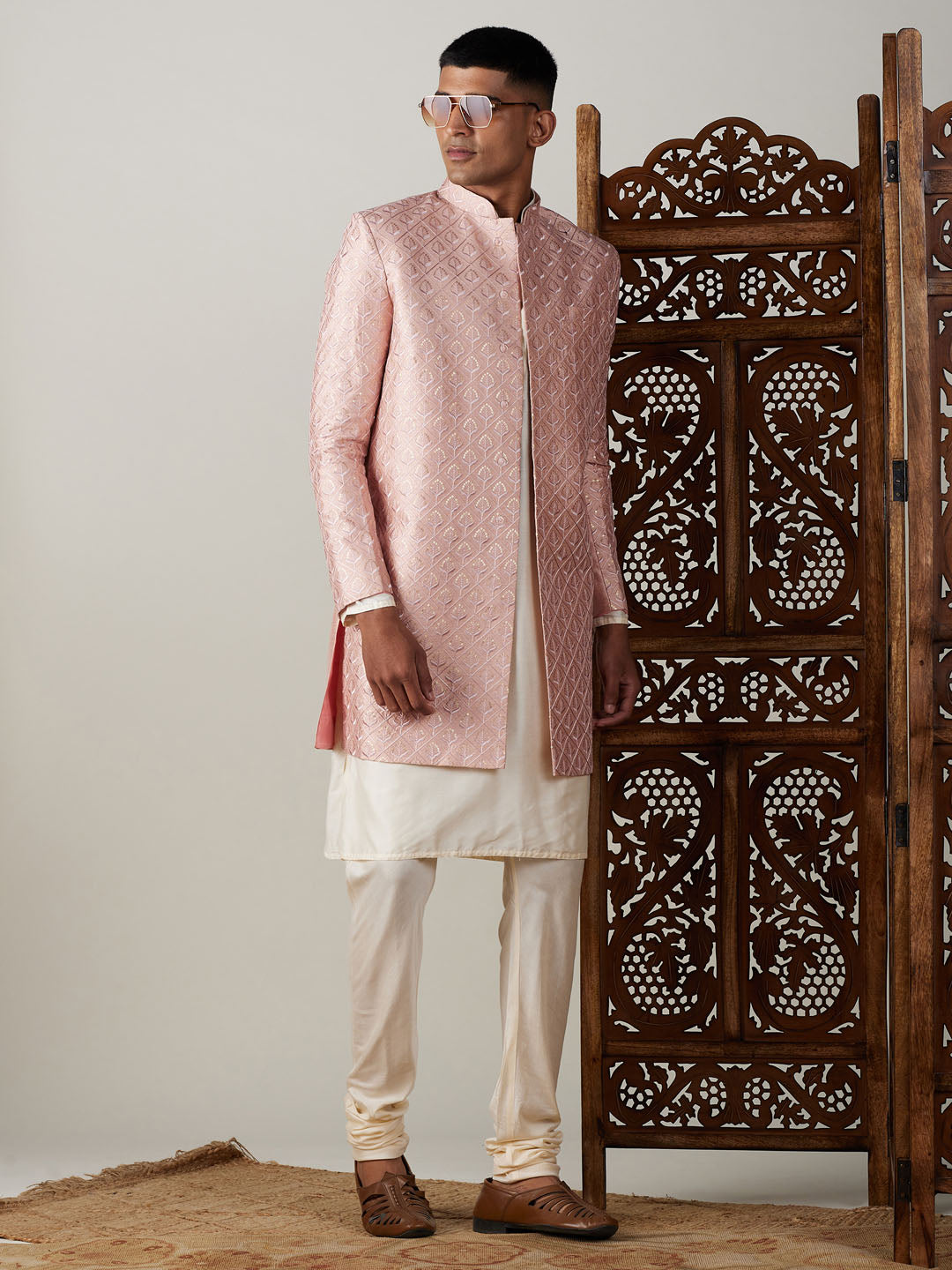 Men's Cream Viscose Straight Sherwani Set