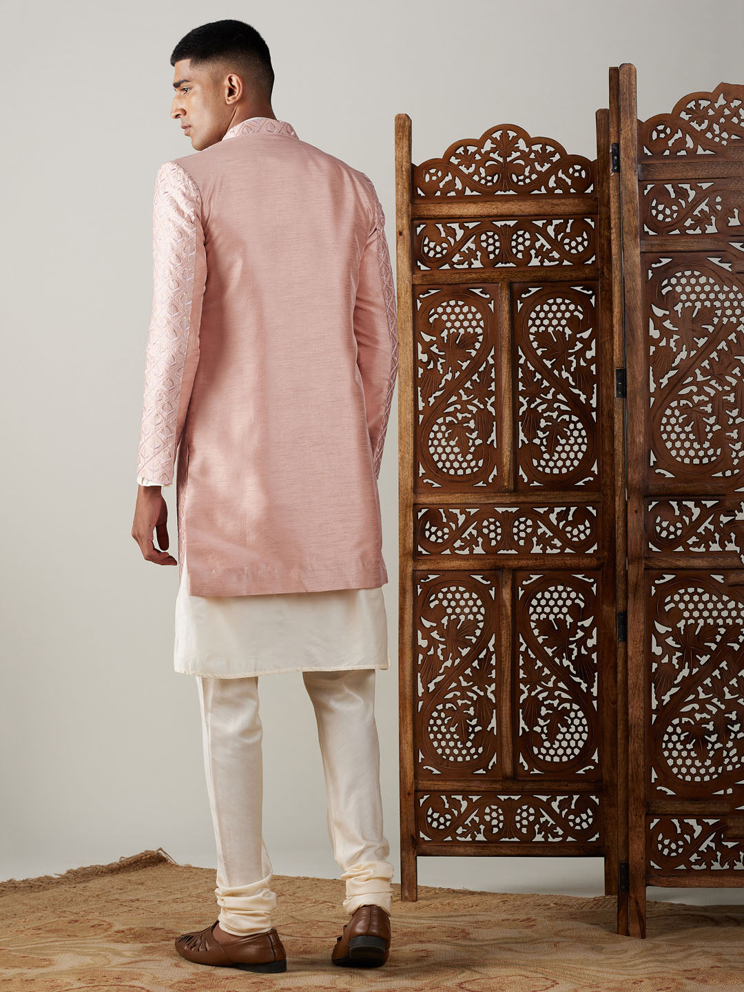 Men's Cream Viscose Straight Sherwani Set