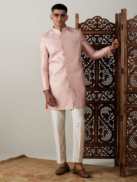 Men's Peach Silk Blend Straight Sherwani Set