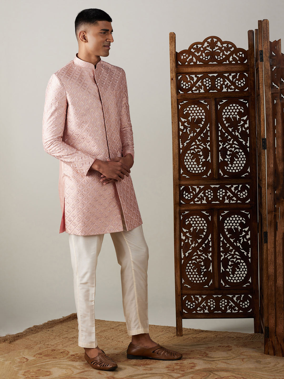 Men's Peach Silk Blend Straight Sherwani Set