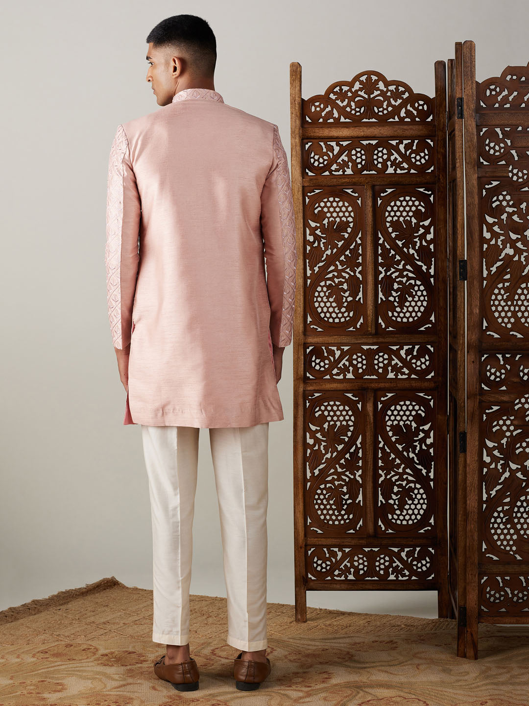Men's Peach Silk Blend Straight Sherwani Set
