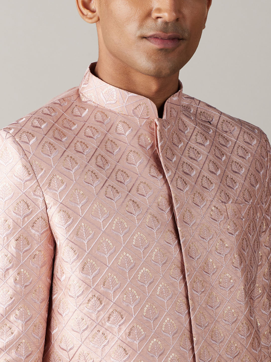 Men's Peach Silk Blend Straight Sherwani Set