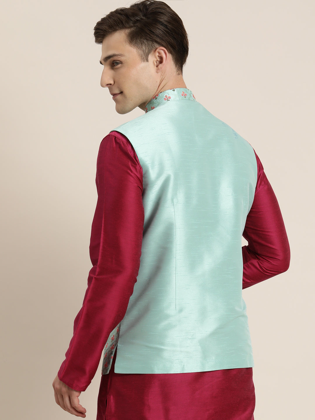 Men's Mint Green Silk Blend Straight Nehru Jacket