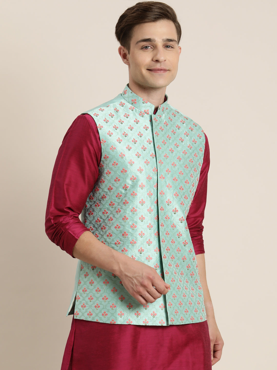 Men's Mint Green Silk Blend Straight Nehru Jacket