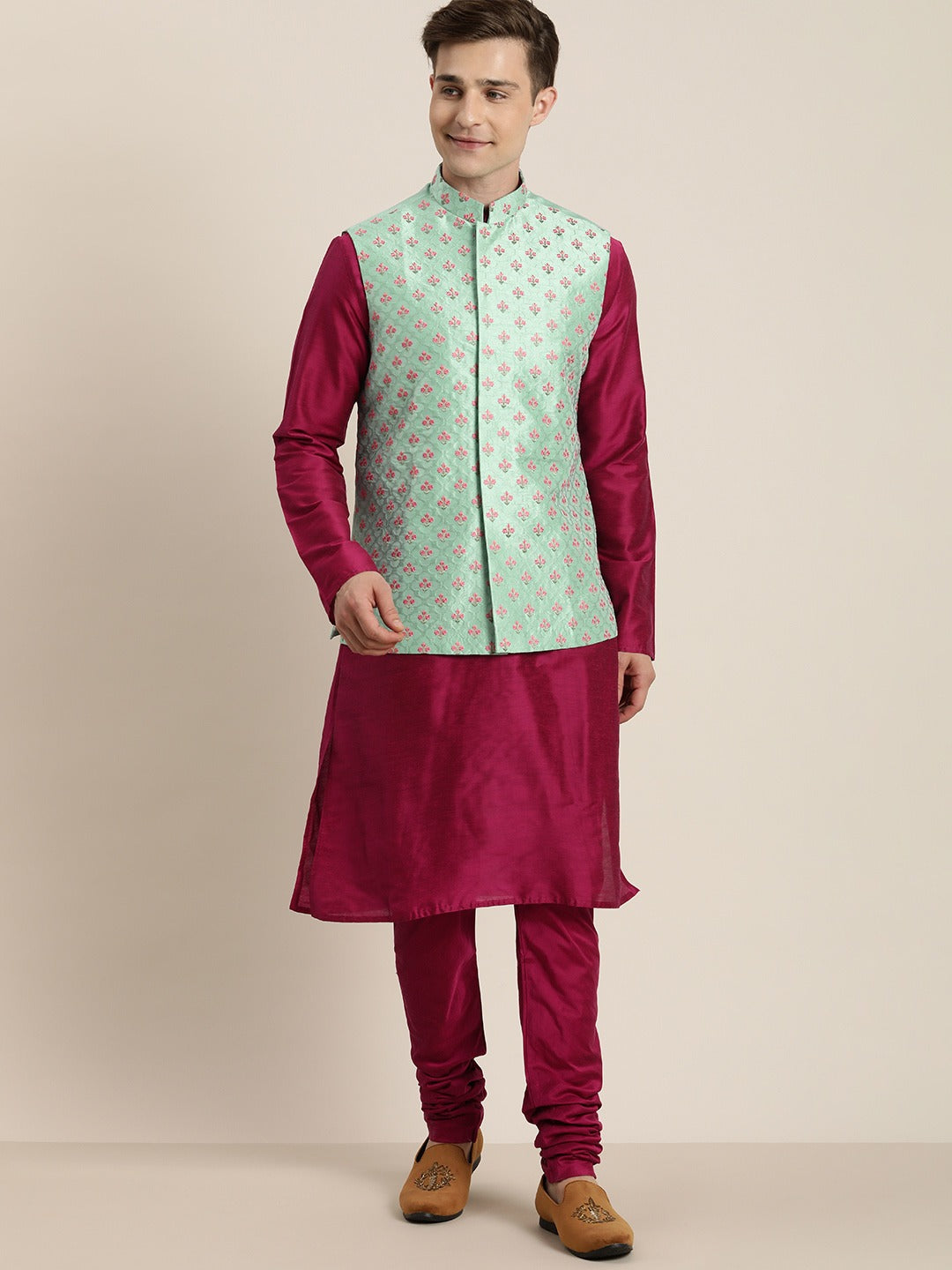 Men's Mint Green Silk Blend Straight Nehru Jacket