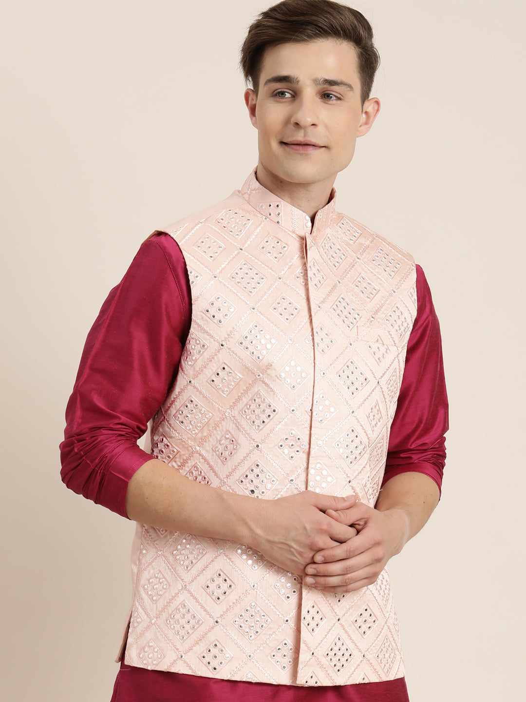 Men's Pink Silk Blend Straight Nehru Jacket