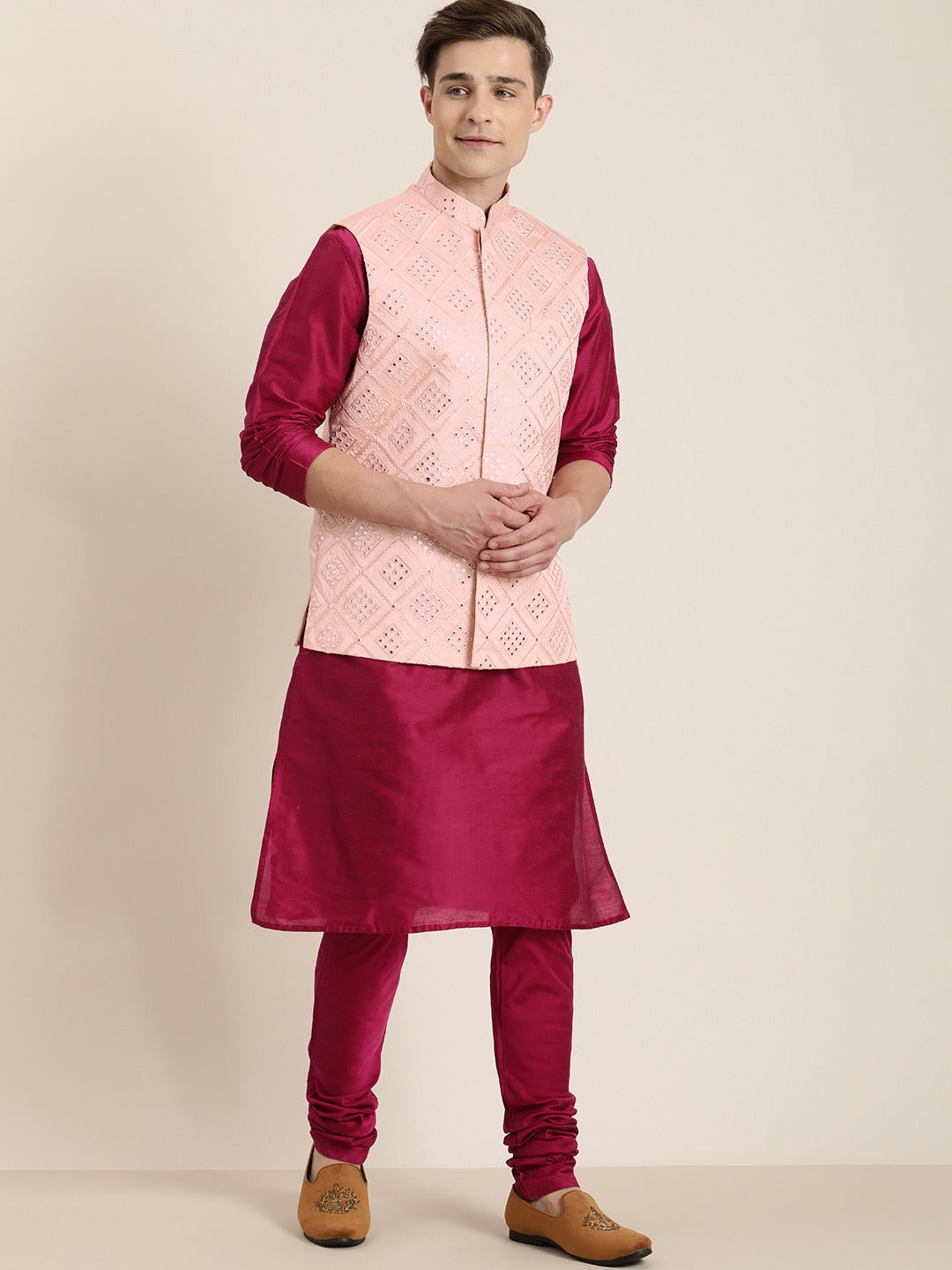 Men's Pink Silk Blend Straight Nehru Jacket
