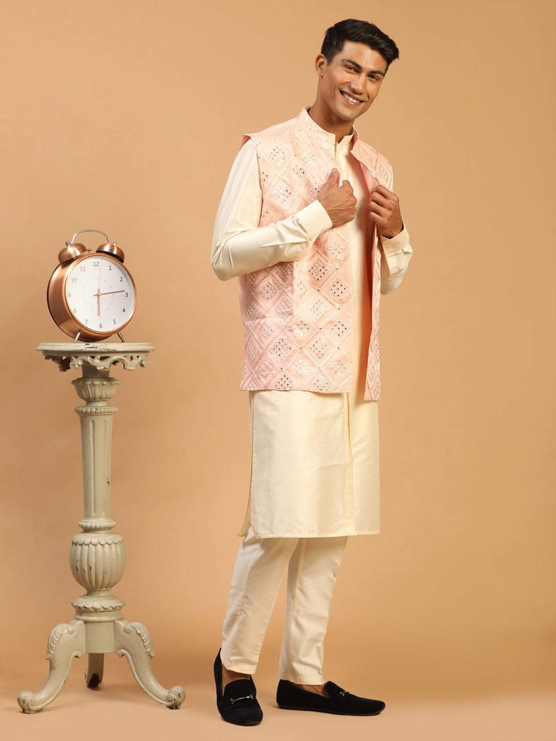 Men's Cream Viscose Straight Jacket Kurta and Pyjama Set
