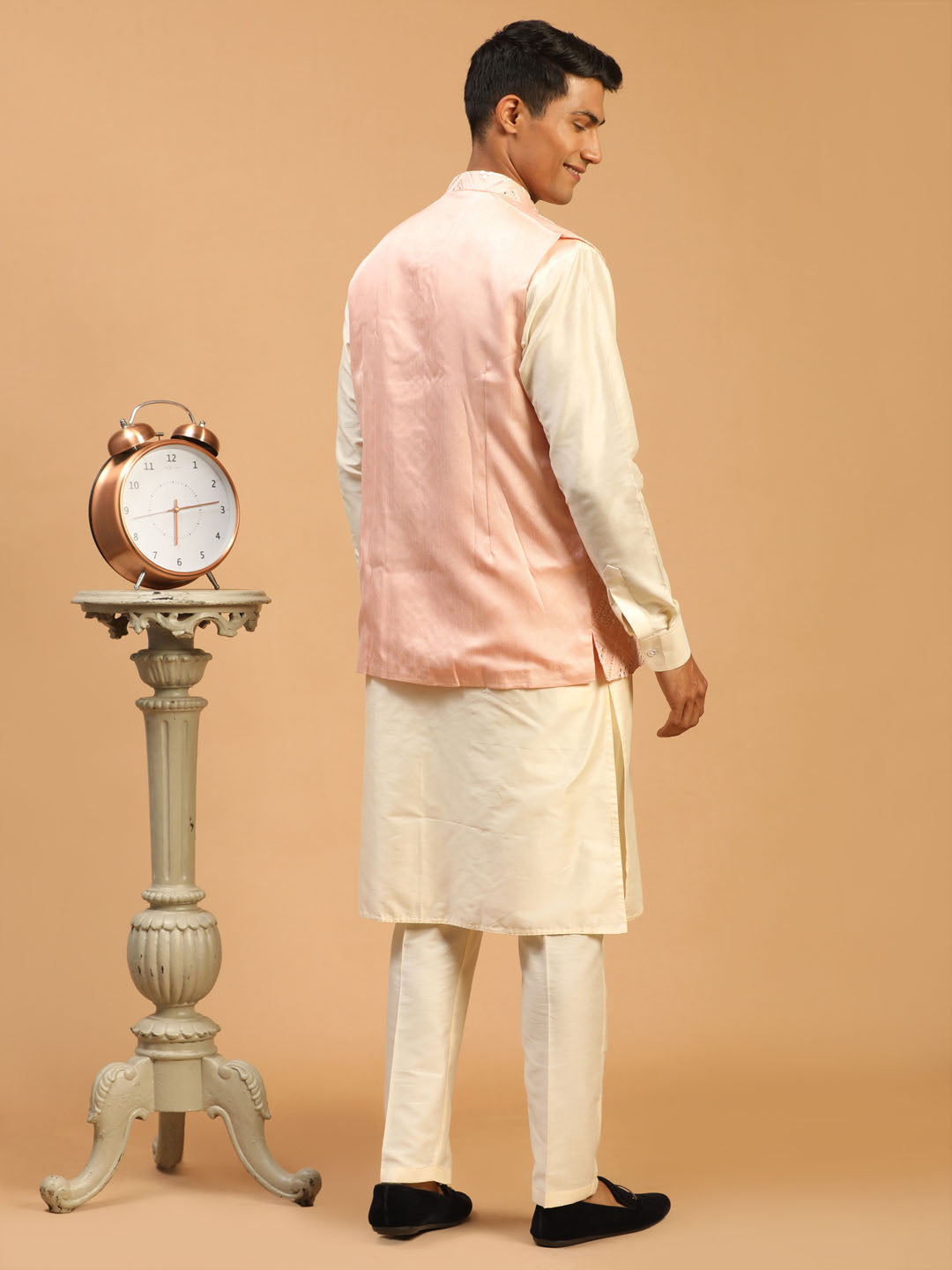Men's Cream Viscose Straight Jacket Kurta and Pyjama Set