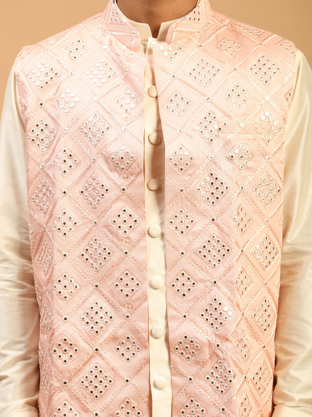 Men's Cream Viscose Straight Jacket Kurta and Pyjama Set