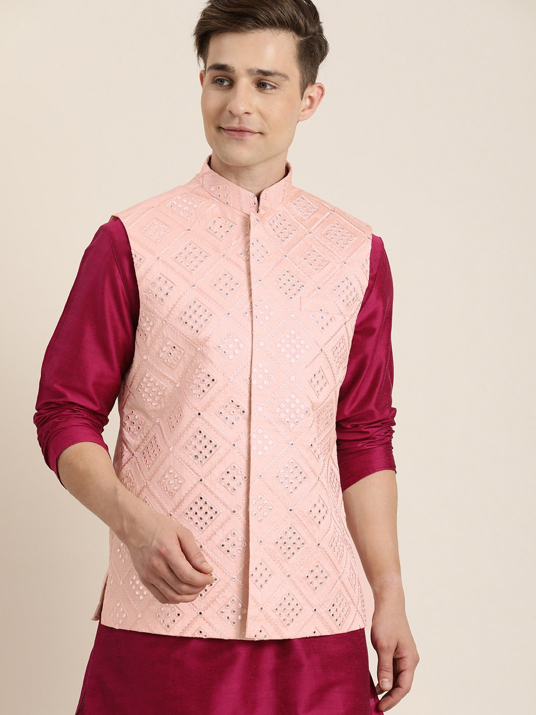 Men's Pink Viscose Blend Straight Jacket Kurta and Pyjama Set