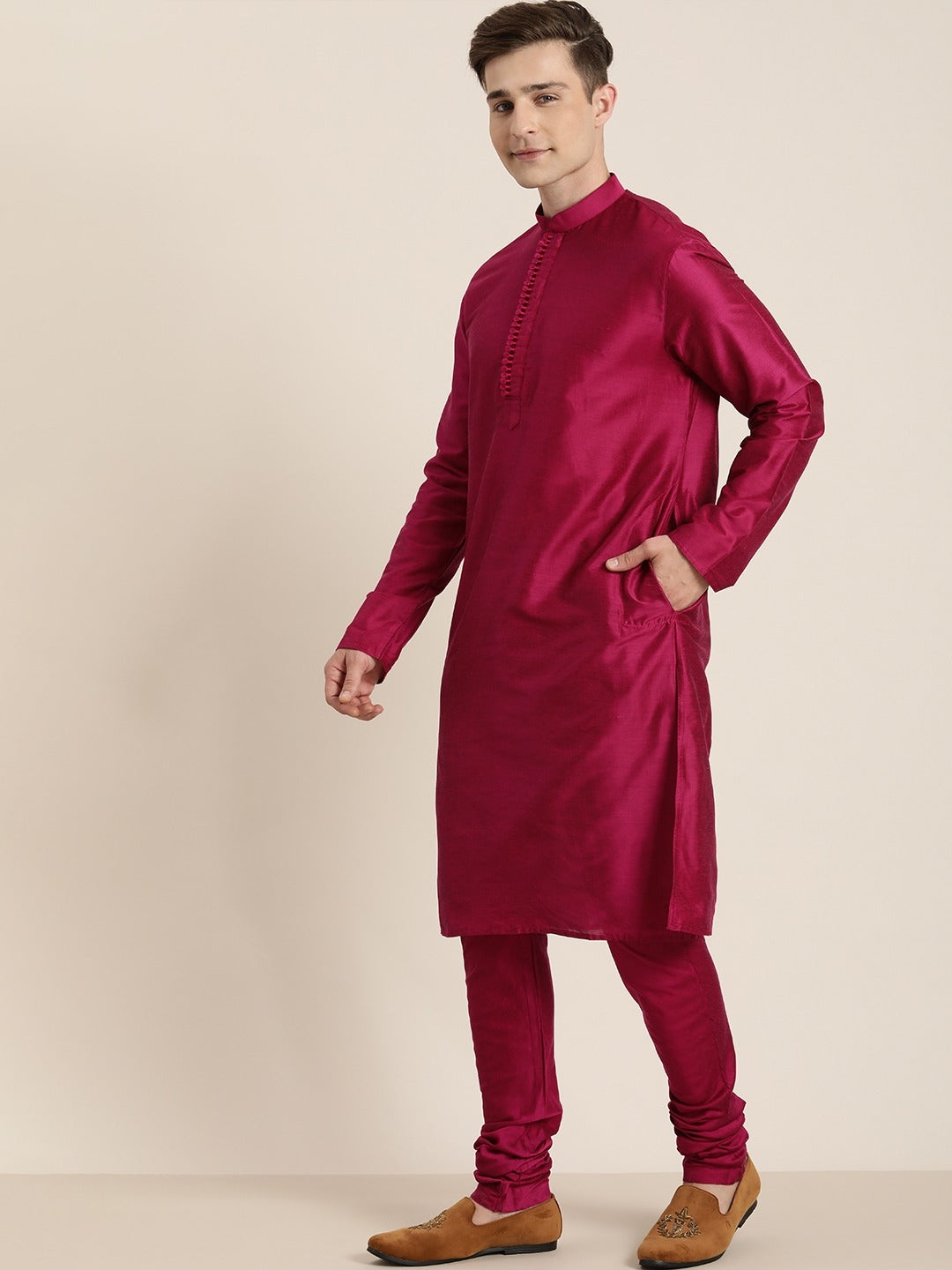 Men's Pink Viscose Blend Straight Jacket Kurta and Pyjama Set