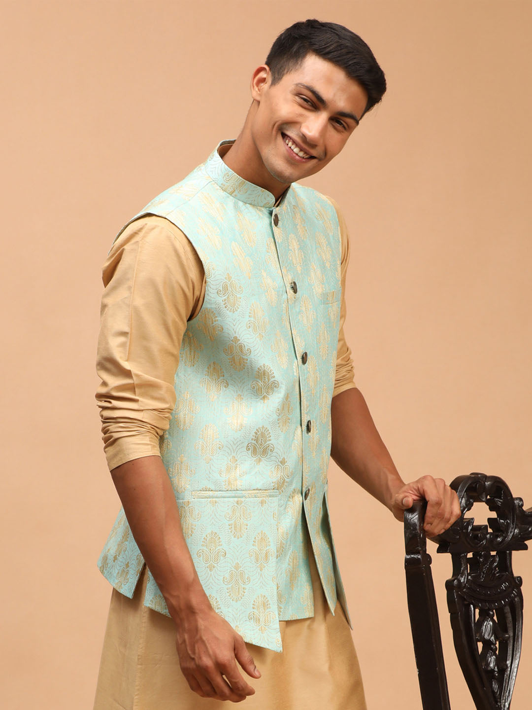 Men's Green Silk Blend Straight Nehru Jacket