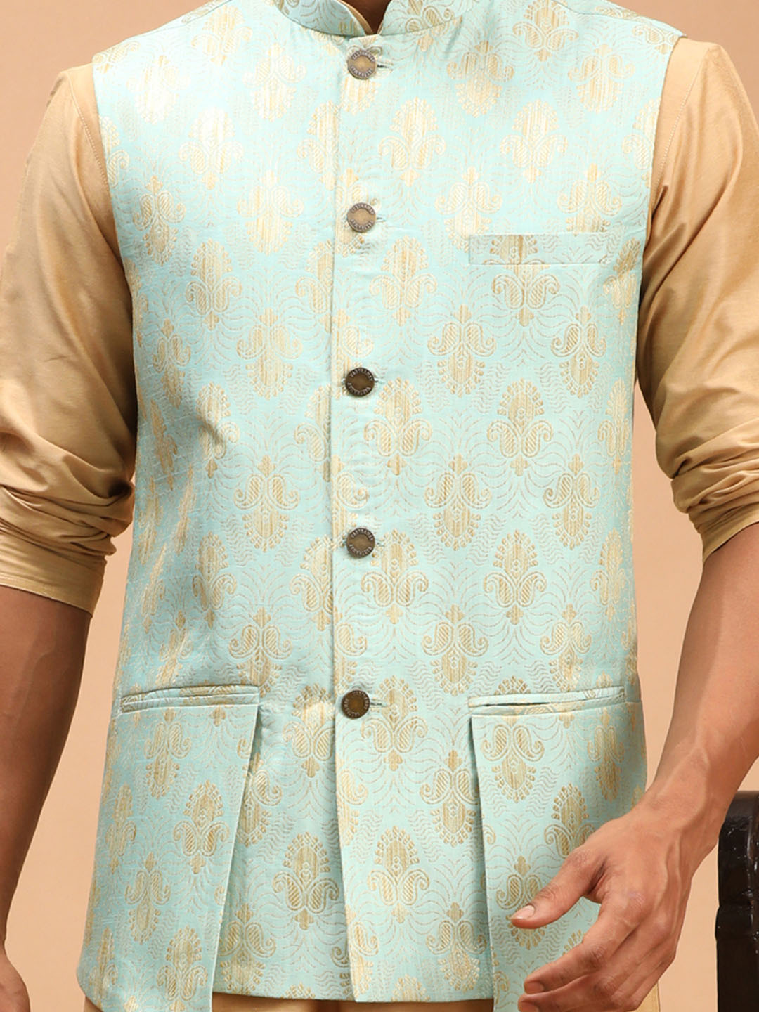 Men's Green Silk Blend Straight Nehru Jacket
